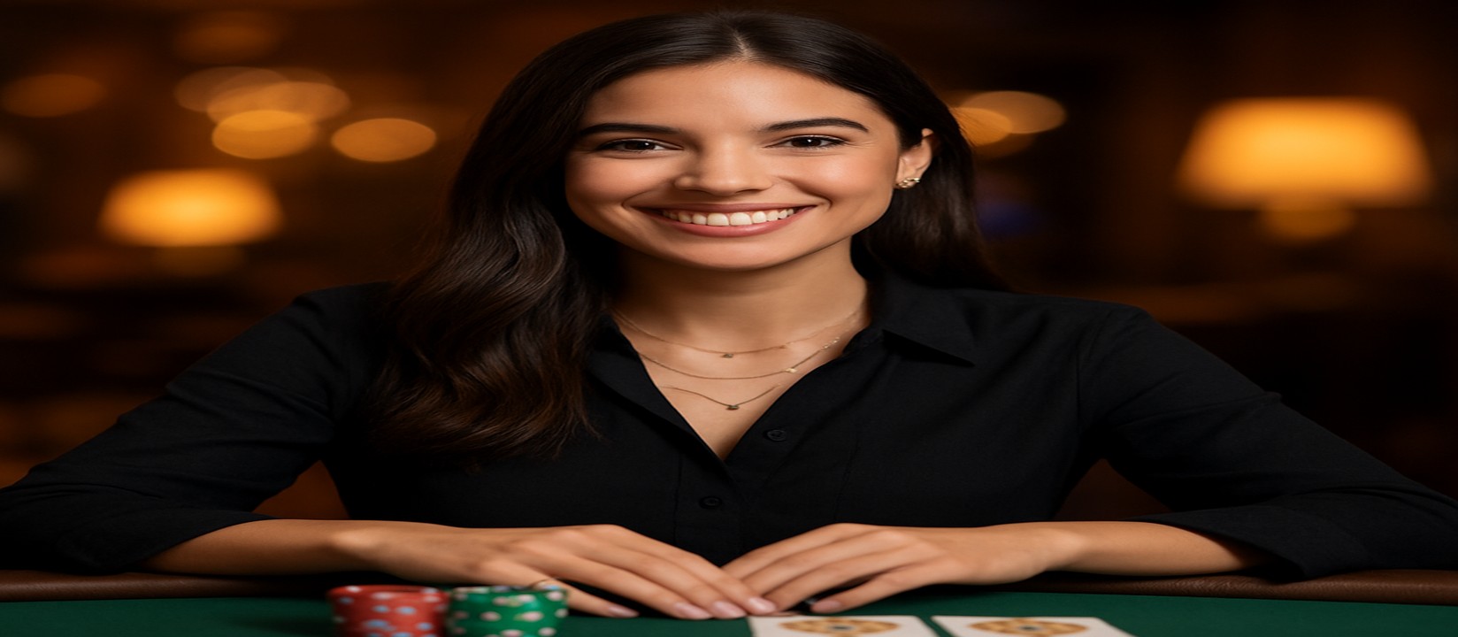 ak44 game প্ল্যাটফর্মের কার্ড টেবিলে সামনে খেলার টোকেন ও কার্ড রেখে হাসিমুখে থাকা এক তরুণী বিস্তৃত খেলার বৈচিত্র্যের নির্বাচন দেখান.