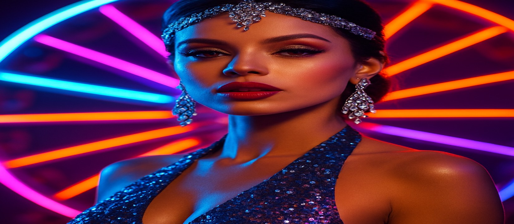 একজন নারী সিকুইন সজ্জিত পোশাকে ak44 game-এর উজ্জ্বল রঙিন গেমিং প্ল্যাটফর্ম চাকার সামনে পোজ দিচ্ছেন